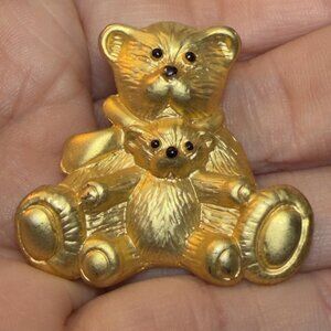 Teddy Bear Brooch SFJ Steinmetz Mother Baby Gold Tone Figural Pin 1.5”